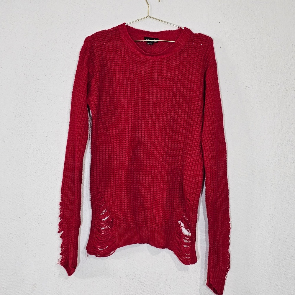 DeRotchild Womens Red Distressed Knit Sweater Large Shredded Grunge Long Sleeve